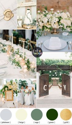 wedding color palettes with white flowers and greenery in shades of gray, green, gold