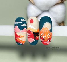 Landscape Nail Art Designs, Japan Nail Art Designs, Draw Nail Art Design, Japanese Inspired Nail Art, Japan Style Nails, Japan Themed Nails, Kimono Nails, Japan Nails Design Tokyo, Japanese Nails Designs