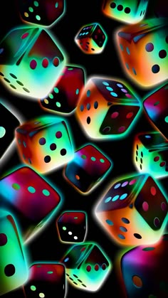 colorful dices are flying through the air on a black background with multicolored lights