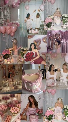 a collage of pink and white pictures with balloons, cake, flowers, and other items