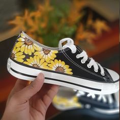 "⭐ FREE SHIPPING ⭐ These sunflower sneakers are specially designed for sunflower lovers. These painted shoes are made with love and are the perfect gift for sunflower lovers on Birthdays, Valentine's, Christmas, Weddings, etc.  Design a custom pair of your choice today! Our focus is, as ever, on providing you with fashionable and well-made customized hand-painted sneakers. We welcome any and all design challenges that you can bring! Design your own custom shoes/khussa from scratch, let us create Sunflower Sneakers, Hand Painted Sneakers, Shoes Painting, Sunflower Birthday, Painted Canvas Shoes, Painted Sneakers, Christmas Weddings