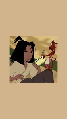 an animated image of a woman with long hair sitting on the ground next to a dragon