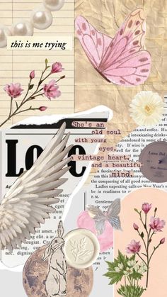 an altered collage with flowers, butterflies and other things on it's side