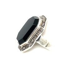 *Estate piece Sterling silver ring with a large octagonal onyx set in the center. Onyx is surrounded by petite marcasites.  Size 5.5 appx. 2.5 X 9 mm Onyx Onyx Ring, Rings Statement, Onyx, Statement Rings, Sterling Silver Rings, Jewelry Rings, Silver Rings, Accessory Gift, Sterling Silver