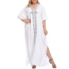 HDE's maxi kaftan beach dress is a versatile summer vacation must-have, perfect for women of all different sizes. Designed to be oversized, breezy, and relaxed feeling when you're out in the sun. The loose sleeves and loose cut will make you look slimmer and let you feel sophisticated on your next vacation getaway. You also don't have to worry about skin damage because our caftan / kaftan beach cover up offers UPF 30+ to protect your skin. Be a stunner at the beach or by the pool with a pop of 1 White Kaftan Dress, White Kaftan, Getaway Outfit, Maxi Kaftan, Kaftan Maxi Dress, Loose Sleeves, Ethnic Print, Plus Size Maxi, Caftan Dress