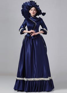 19th Century Navy Blue and Champagne Victorian Bustle Dress for Women Color:Navy Blue and Champagne   Material: This dress made of High Quality Satin, soft,smooth and comfortable to wear  Sleeve Length:  Long Sleeve  Dresses Length:Floor Length  Neckline:  Stand Collar  Decoration: Ruffles + Lace  Package Includes:  Dress + Hat   The length of skirt about 45 inches (114 cm) long from waist to hem regardless of size. This dress is pictured with a 6-hoop skirt Petticoat underneath to achieve Luxury Blue Victorian Dress For Women, Navy Blue Victorian Dress, Blue Vintage Victorian Dress With Baroque Style, Blue Baroque Victorian Dress, Blue 1870s Dress, Indigo Dress, 19th Century Women, Hoop Skirt, Bustle Dress