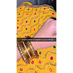 a woman wearing gold bracelets and a yellow dress with colorful stones on it's arm