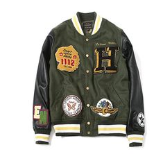 Green Patchwork Varsity Jacket For Winter, Military Style Patchwork Outerwear For Fall, Green Long Sleeve Varsity Jacket With Patchwork, Green Long Sleeve Patchwork Varsity Jacket, Green Patchwork Outerwear For College, Green Patchwork Varsity Jacket For Fall, Winter Khaki Outerwear For College, Khaki Winter Outerwear For College, Green Varsity Outerwear For Winter