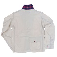 *This item is eligible for exchange or store credit only, no refunds. SPECS * Fabric: Tightly woven blend of 50% cotton (flat face) and 50% rayon twill (shinny reverse). Milled in Japan. * Partial lining: NOS woven tartan, red/indigo, 100% cotton. * Inspired by vintage windproof casual jackets and USN/USMC pilot jacket designs. * NOS red/indigo tartan partial lining. * Three patch pockets (including unusual rear panel pocket). * Concealed chest pocket. * Tartan-lined snap stand collar and pocke Casual Cotton Outerwear With Fold Down Collar, Unstructured Cotton Outerwear For Streetwear, Cotton Outerwear With Contrast Stitching For Streetwear, Fall Cotton Tops With Contrast Stitching, Fitted Beige Cotton Outerwear, Fitted Casual Outerwear With Contrast Stitching, Fitted Cotton Tops With Patch Pockets, Winter Cotton Top With Patch Pockets, Fall Cotton Outerwear With Contrast Stitching