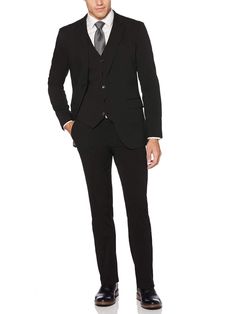 Very Slim Fit Performance Black Suit Perry Ellis Tech Suit, Mens Suits Modern, Black Outfit Men, Black Suit Men, Suits Men Business, Casual School Outfits, Suit Pant, The Guys, Men’s Suits