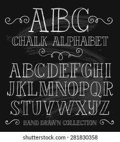 hand drawn chalk alphabet on blackboard with white letters and numbers in the style of old school