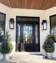 two potted plants sit outside the front door of a white brick building with black doors