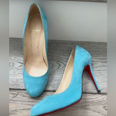 Christian Louboutin Baby Light Blue Suede Round Toe High Heels Shoes 37 7 See Pictures For Details These Are Preowned And In Excellent Condition Authentic Absolutely Know Your Size In Louboutin 6.5/7 True Blue Fitted Court Shoes With Padded Heel, Fitted Blue Court Shoes With Padded Heel, Blue Closed Toe Heels With Branded Insole, Blue Court Shoes With Sculpted Heel And Round Toe, Blue Almond Toe Court Shoes, Baby Light, High Heels Shoes, Heels Shoes, Blue Suede