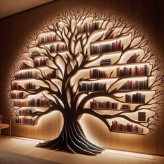 a tree with bookshelves is lit up in the shape of a bookcase