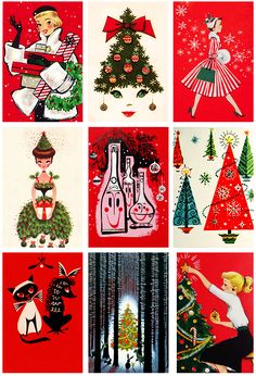 several christmas cards are shown with different designs on them, including trees and women in dresses