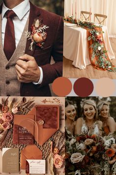 a collage of different wedding colors and details including oranges, browns, and gold