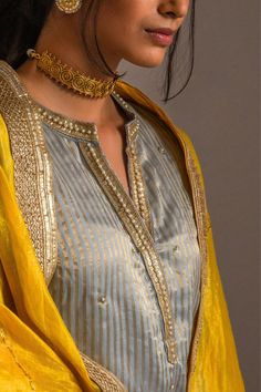 Buy Shorshe Clothing Yellow Chanderi Silk Hand Embroidered Dupatta Online | Aza Fashions Golden Lace Neck Design Kurti, Aza Fashion Outfits 2023 Suits, Grey Kurta Women, Yellow Dupatta Color Combinations, Formal Suits For Women Indian, Grey Suit Women Indian, Shorshe Clothing, Striped Blouse Designs, Neck Ideas