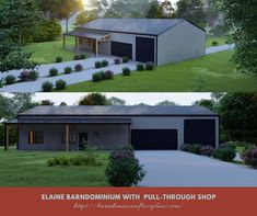 two pictures of the same house in different stages of construction, and one is showing it's garage