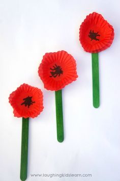 three cupcake liner poppys on green sticks with the words cupcake liner poppies