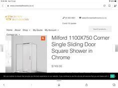 a website page with an image of a shower and the words mirror 101x700 corner single sliding door square shower in chrome