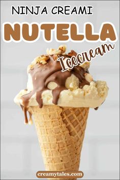 an ice cream cone with chocolate and nuts on top