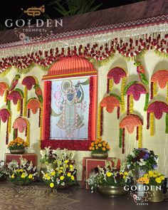 Shrinath ji themed Dhoti Ceremony Decor by: @GoldenTrumpetEvents Dhoti Ceremony Decorations, Dhoti Function Decoration, Dothi Ceremony, Dhoti Ceremony, Cartoons Krishna, Sangeet Decor, Engagement Decor, Desi Wedding Decor, Wedding Social