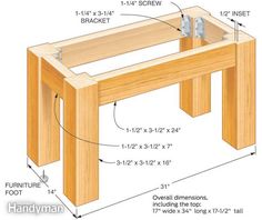 a wooden table with measurements for the top and bottom section, including an attached drawer