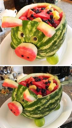 two pictures of a watermelon shaped like a pig with fruit in its mouth