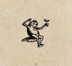 a drawing of a frog sitting on top of a wooden table next to a bird