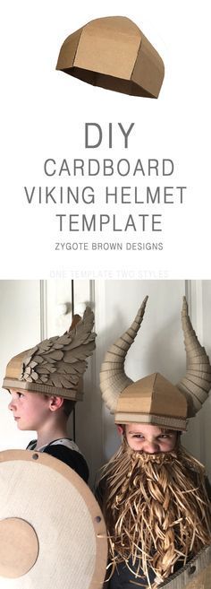 two people wearing cardboard viking helmets with horns on their heads and the words diy cardboard viking helmet template