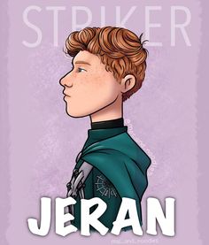 a drawing of a young man with red hair wearing a green cape and the words, star trekr jeran