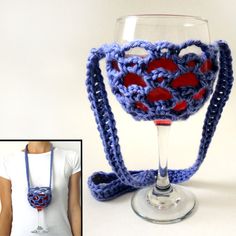 a crocheted wine glass holder with red, white and blue hearts on it