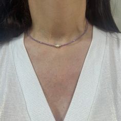 "This beautiful amethyst beads choker necklace will add a pop of color to any outfit. The natural real stones are naturally clumped together. This is perfect for someone who loves gemstone jewelry!  This Amethyst gemstone necklace comes wrapped in a nice package and is ready to be given as a gift. ❤ 𝗠𝗘𝗔𝗦𝗨𝗥𝗘𝗠𝗘𝗡𝗧𝗦 ❤ Necklace length: 16\"/40 cm. Includes an extension chain of 0.79\"/2 cm. Amethyst beads 2.5 mm/0.10\" Sterling silver beads 1 Beautiful pearl. ❤ 𝗠𝗬 𝗦𝗧𝗢𝗥𝗘 ❤ For more Purple Tiny Beads Necklace As Gift, Lavender Gemstone Beaded Necklaces As Gift, Amethyst Gemstone Beaded Necklaces, Purple Necklace With Tiny Beads Gift, Purple Necklaces With Tiny Beads As Gift, Purple Tiny Beads Necklace Gift, Adjustable Lavender Beaded Necklace With Natural Stones, Purple Gemstone Beads Necklace, Purple Round Beads Choker As A Gift