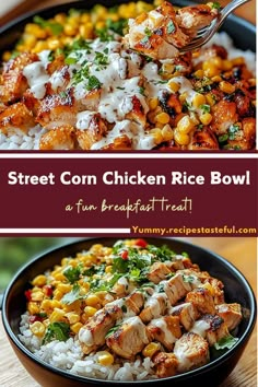 chicken rice bowl with corn on the cob, and another side dish in a black bowl