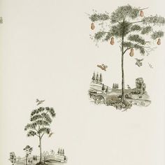 a drawing of a tree with fruit hanging from it's branches and birds flying around