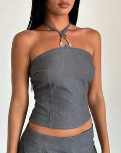 Lakia Top in Tailoring Charcoal Coachella Looks, Skirt Model, Summer Bodycon Dress, Party Dress Long Sleeve, Bandeau Dress, Halter Neck Top, Satin Slip Dress, Black Bodycon Dress, Body Con Skirt