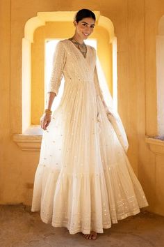 Shop for PREEVIN Off White Cotton Mulmul Angrakha Anarkali With Dupatta for Women Online at Aza Fashions White Angrakha Anarkali, Mirror Work Anarkali Dresses, Angrakha Style Frock, White Angrakha, Angrakha Anarkali, Embroidery Anarkali, White Frock, White Anarkali, 3d Applique