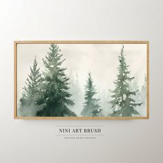 an art print with pine trees in the background that reads,'mini art brush '