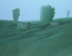 a painting of some houses in a field