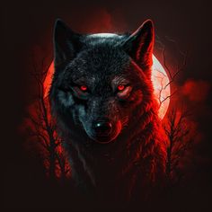 a wolf with red eyes standing in front of a full moon