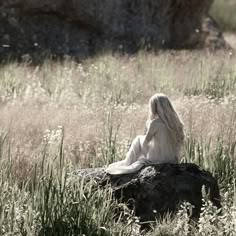 a woman sitting on top of a rock in a field