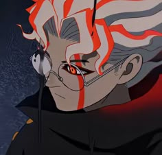 an anime character with red hair and glasses looking at something in the distance behind him