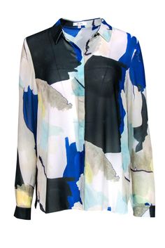 Current Boutique-Reiss - Cream, Black & Blue Printed Sheer Button-Up Blouse Sz 8 Elegant Multicolor Graphic Print Top, Elegant Multicolor Tops With Graphic Print, Chic Multicolor Abstract Print Blouse, Trendy Abstract Print Blouse For Spring, Modern Blue Blouse For Office, Long Sleeve Blouse With Abstract Print For Work, Graphic Print Blouse For Office In Fall, Workwear Long Sleeve Blouse With Abstract Print, Multicolor Abstract Print Shirt For Work