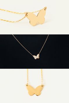 GELIN Diamond 14K Gold Butterfly Necklace photos, two stil life and a model photo. 14k Gold Butterfly Necklace, Minimalist Butterfly, Gold Butterfly Necklace, Dainty Butterfly, Gold Necklace For Women, Butterfly Necklace Gold, Sophisticated Fashion, Dainty Gold Necklace