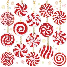 red and white candy canes hanging from chains on a white background with confetti sprinkles