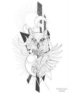 an owl with wings and sun rays on it's face is depicted in this tattoo design