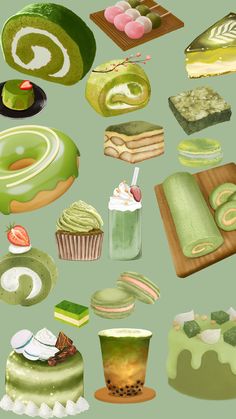 a bunch of different cakes and desserts on a green background with the same color