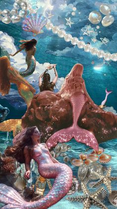 an image of mermaids in the ocean with bubbles