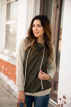 Two Toned Hoodie - S, Olive - $42.00 -  - Betsey's Boutique Shop Mint Mocha, Grey And Coral, Basic Cardigan, Pocket Tunic, Mint And Navy, Cute Everyday Outfits, Boutique Shop, Black Cardigan, Everyday Outfits