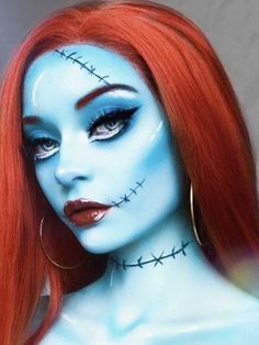 easy Halloween makeup: nightmare before Christmas Sally Sally Makeup Looks, Scary Disney Costumes, Halloween Costume With Red Hair, Red Hair Halloween Makeup, Sally Inspired Makeup, Scary Female Halloween Costumes, Sally Makeup Halloween, Sally Halloween Makeup, Makeup Halloween Hombre